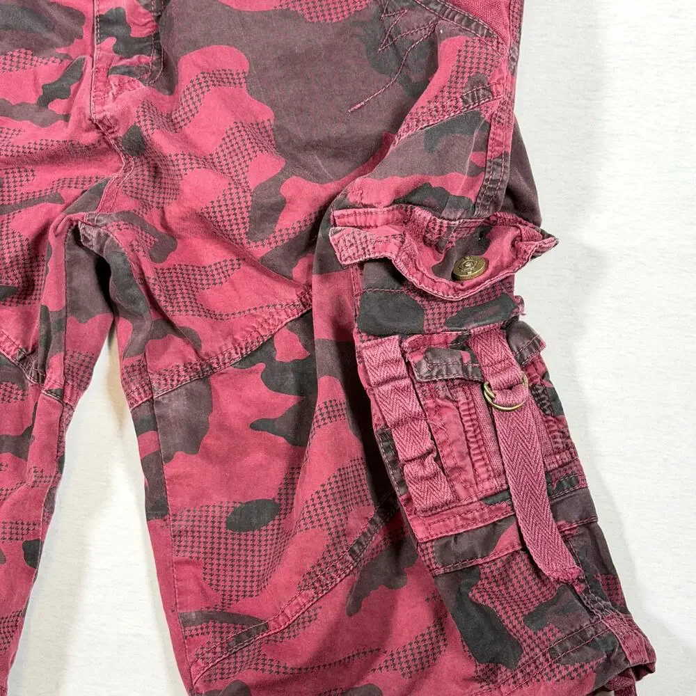 Y2K Twoce Twice Burgundy Black Camo Cargo Shorts 34 Baggy Buckle Skater Jorts